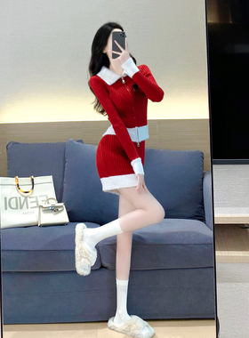 红色针织套装2023春新款网红韩剧气质名媛甜辣纯欲包臀裙两件套女