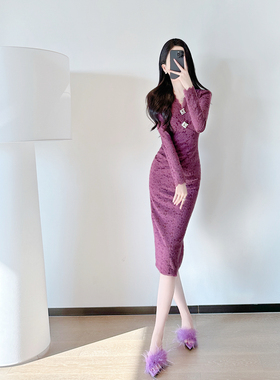 紫色蕾丝连衣裙女轻奢高级感2025春新款法式气质名媛中长款包臀裙