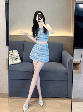 小香风套装2024新款女装夏季气质名媛甜美粗花呢无袖挂脖两件套裙