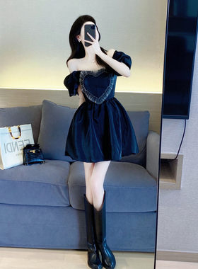 黑色连衣裙高级感2022夏季新款气质名媛甜美收腰显瘦a字蓬蓬裙女