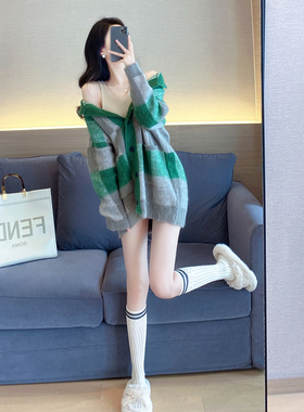 绿色格子针织开衫2021秋冬新款宽松慵懒风复古气质中长款毛衣外套