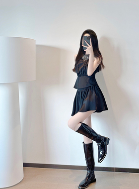 黑色套装裙女夏2025新款千金风气质名媛收腰显瘦无袖挂脖裙两件套