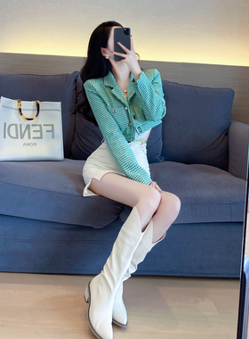 绿色格子小香风外套女春秋装2025新款气质复古千鸟格短款上衣西装