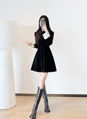 黑色丝绒连衣裙2025春季新款女装法式气质名媛收腰显瘦聚会礼服裙