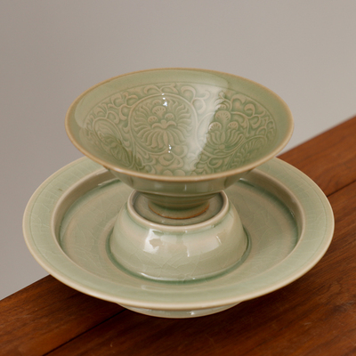 耀州窑印花橄榄青釉茶道茶具青瓷复古博物馆同款主人杯斗笠茶盏