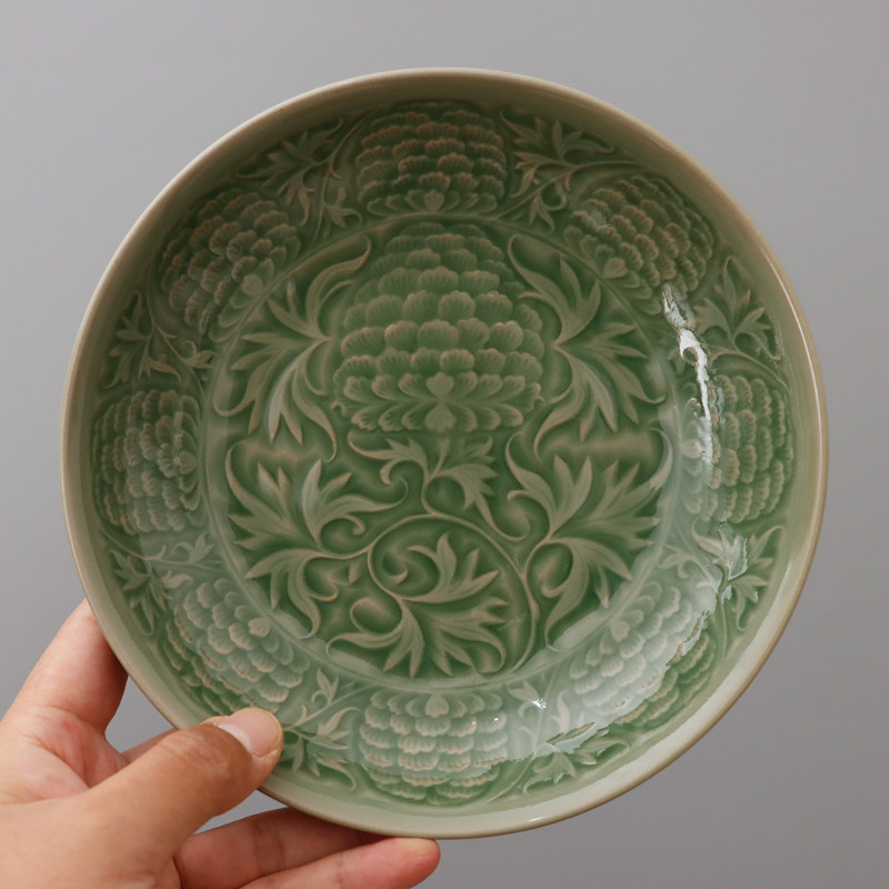 耀州窑青瓷橄榄青釉原矿高温印花塔式牡丹纹零食盘水果家用菜盘,餐饮具,盘,淘宝优惠券,粉丝福利购,淘宝优惠卷
