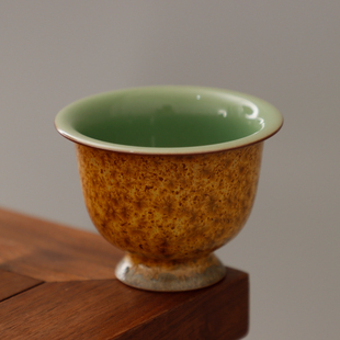 钧窑李峰手作茶叶末钛结晶双面梅子青釉粗陶窑变高足主人杯茶杯