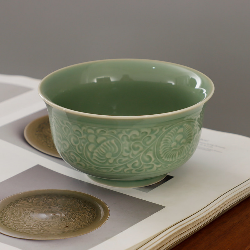 耀州窑橄榄青釉印花半手工碗