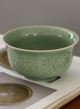 耀州窑青釉印花半手工青瓷陶瓷高温原矿复古餐具缠枝团菊纹中号碗