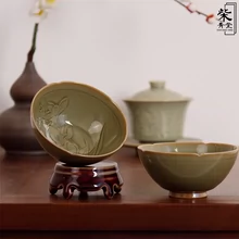 耀州窑仿宋代橄榄青釉全手工阴彦杰中式 复古茶道茶具青瓷玉兰茶杯