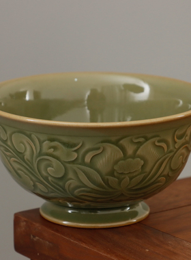 耀州窑仿唐橄榄青釉原矿高温青瓷复古家用刻花手工精品卷足中号碗