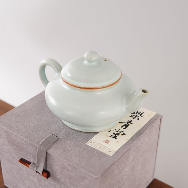 汝窑天青色玛瑙釉茶道复古中式陶瓷冰裂书扁青瓷汝瓷原矿釉茶壶