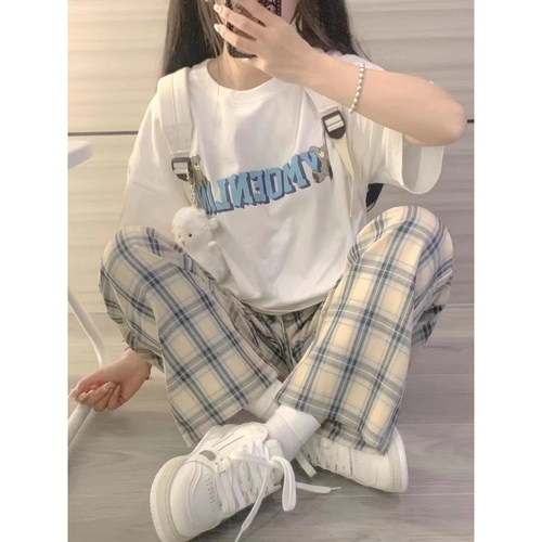 可爱软妹运动套装女夏季韩版少女宽松休闲学院风短袖长裤两件套潮