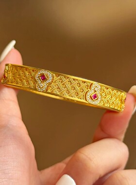 古法金福运天承镯国风编织纹点钻葫芦手镯 轻奢沙金复古卡扣手环
