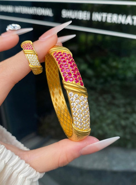 金店款沙金古法金镶嵌彩钻宽面卡扣手镯活口戒指两件套送女友礼物