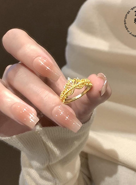 沙金公主皇冠戒指女黄金色真空电镀24k配件指环镶钻镂空设计首饰