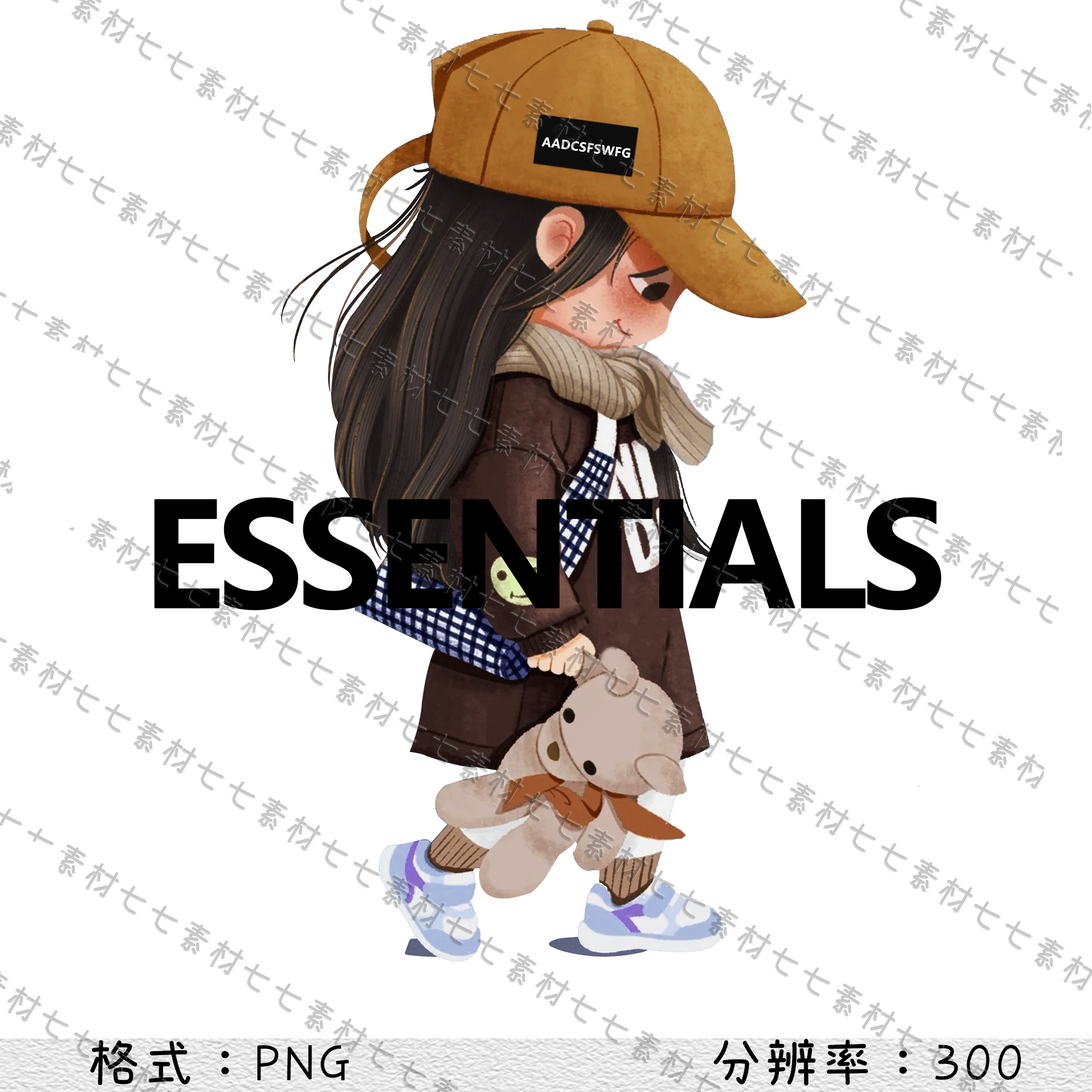 提着小熊德女孩手绘卡通印花图案柯式热转印图案