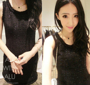 秋冬新款女装圆领无袖背心粗花呢A字显瘦小香风毛呢打底连衣裙