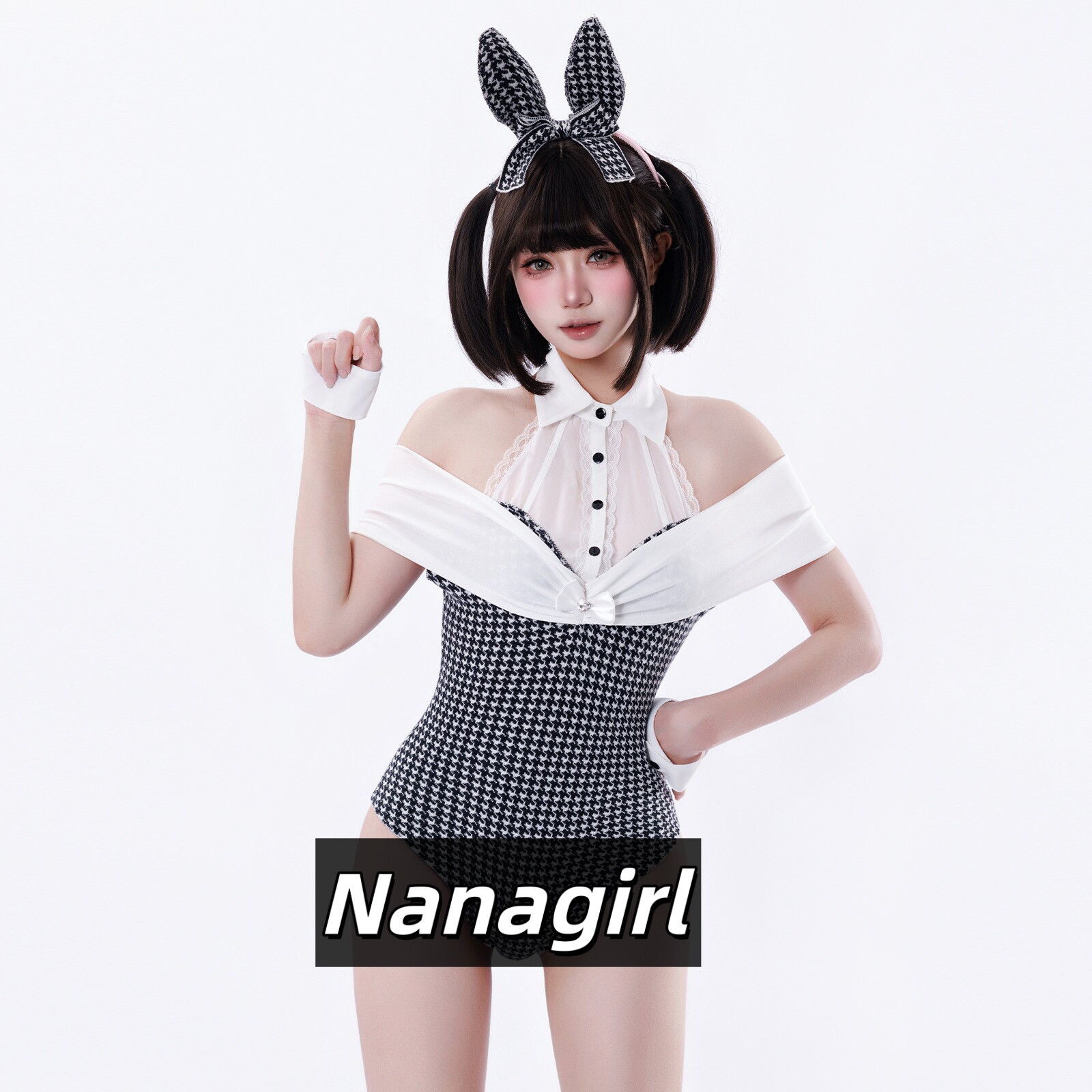 日系千鸟格兔女郎塑身连体衣