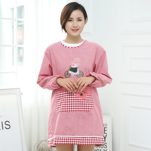 时尚厨房餐厅工作围裙长袖成人纯棉布艺可爱反穿罩衣女士