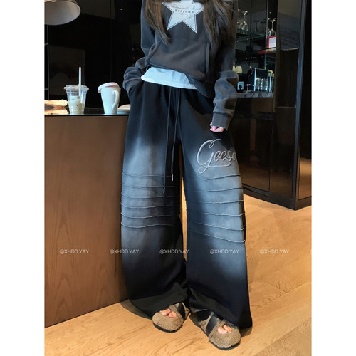 美式复古做旧字母刺绣阔腿卫裤女