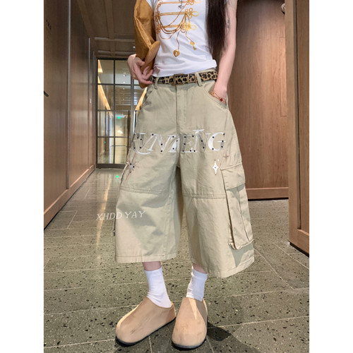 夏季薄款美式刺绣阔腿七分裤女