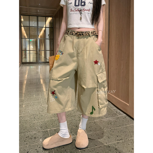 美式星星刺绣大口袋工装七分裤