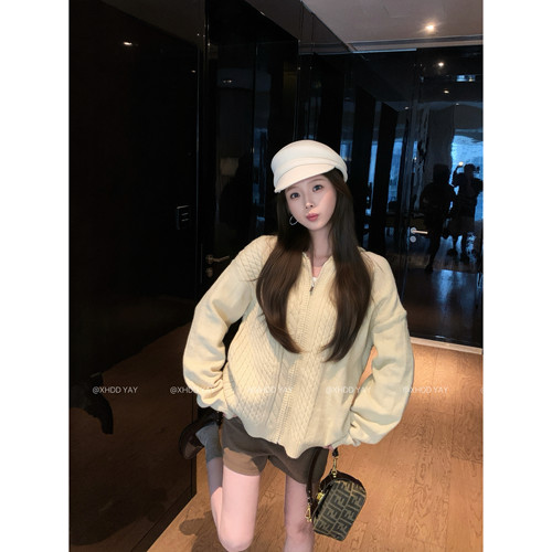 韩系慵懒拉链麻花连帽针织开衫