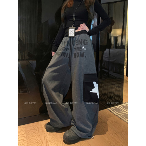 美式条纹工装阔腿裤女宽松显瘦
