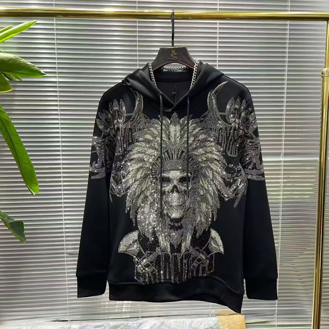 秋季新品男士潮牌烫钻翅膀骷髅头圆领黑色卫衣黑色修身大码长裤