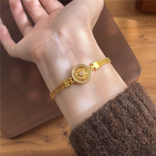仿真黄金色点钻圆盘可旋转八宝罗盘表带手链女强保色时来运转手镯
