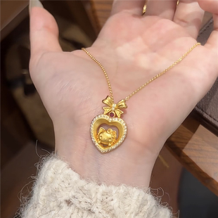 黄金色满圈钻爱心蝴蝶结kitty猫吊坠项链女甜美可爱凯蒂猫锁骨链