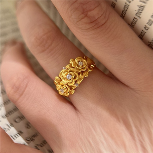 古法工艺微镶锆石立体繁花朵戒指女仿黄金色高颜值玫瑰花开口指环