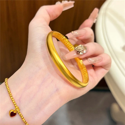 不掉色~沙金999复古新中式莲花心经手镯女实心磨砂素圈泥鳅背镯子