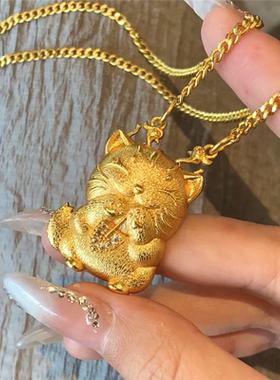 沙金点钻金铲子小福猫吊坠项链女