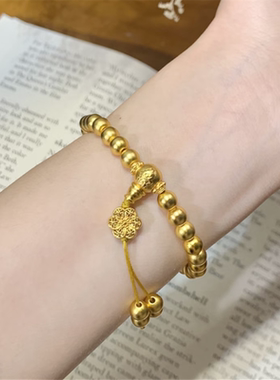 仿真黄金雕花六相花双莲手链女新中式复古三通转运珠子手串送礼物