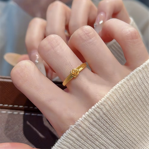 黄金色拉丝晨雾冷艳玫瑰花戒指女