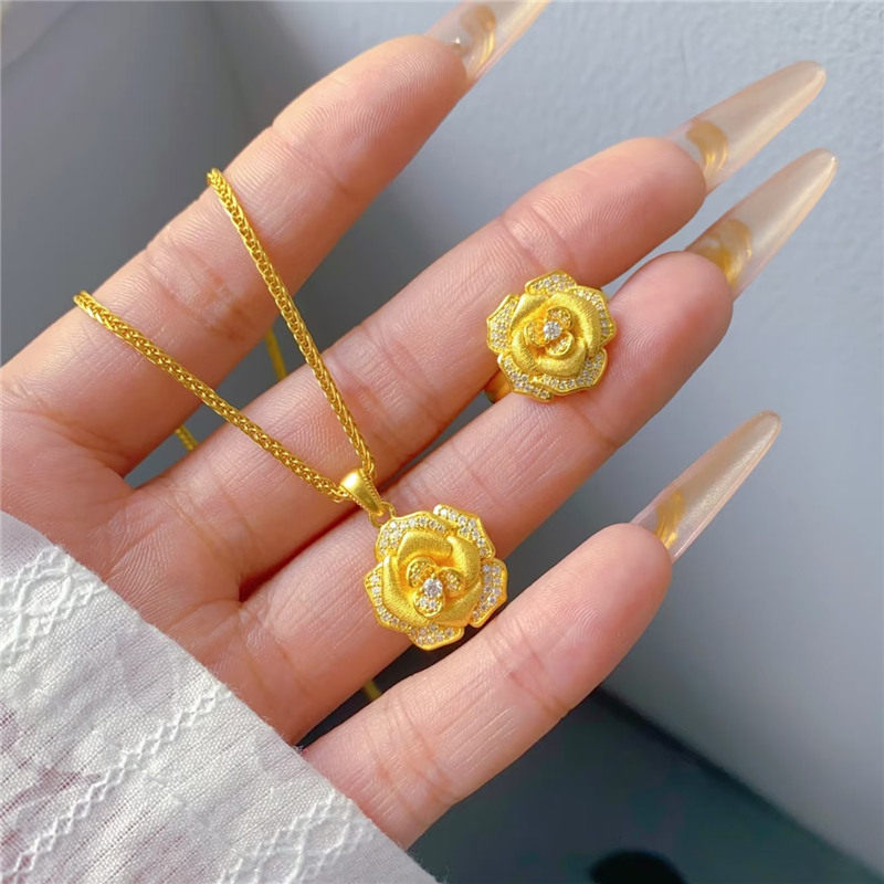古法沙金镶嵌点钻玫瑰花项链女999黄金色百搭高级锁骨链保色戒指