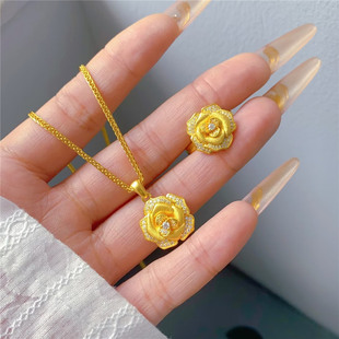 古法沙金镶嵌点钻玫瑰花项链女999黄金色百搭高级锁骨链保色戒指