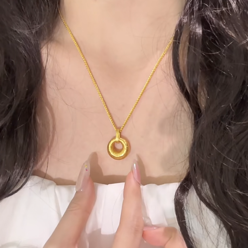 古法拉丝金坨坨吊坠项链女高保色仿黄金圆润饱满实心平安扣锁骨链