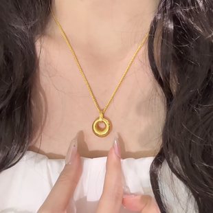 古法拉丝金坨坨吊坠项链女高保色仿黄金圆润饱满实心平安扣锁骨链
