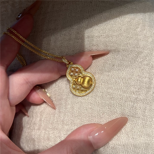 古法传承拉丝时来运转福禄双葫芦吊坠项链女仿黄金镂空花丝毛衣链