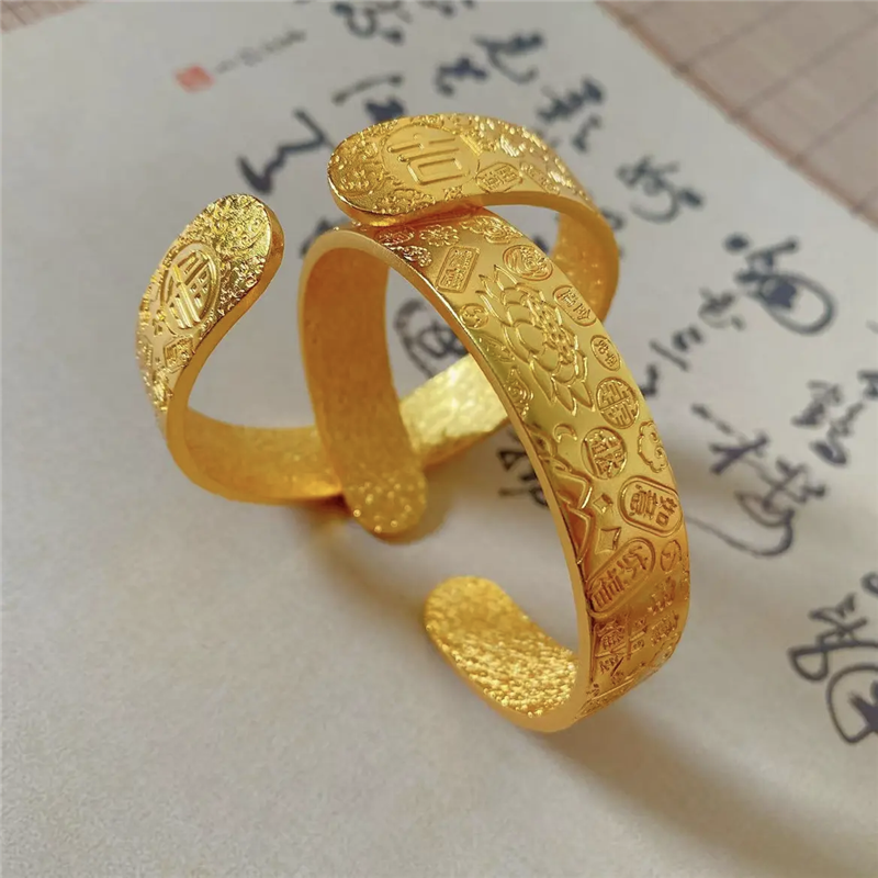 不掉色~沙金手工錾刻吉言八宝莲花开口手镯宽面大气实心锤纹镯子