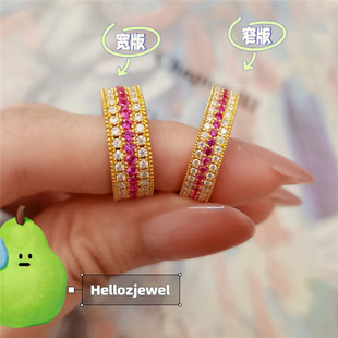 金铺同款沙金999红宝石三排指女满钻镶嵌复古食指环轻奢高级戒子