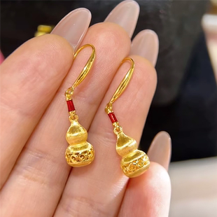 新中式古法拉丝镂空葫芦耳环女福禄仿真黄金色耳钩耳坠送妈妈耳饰
