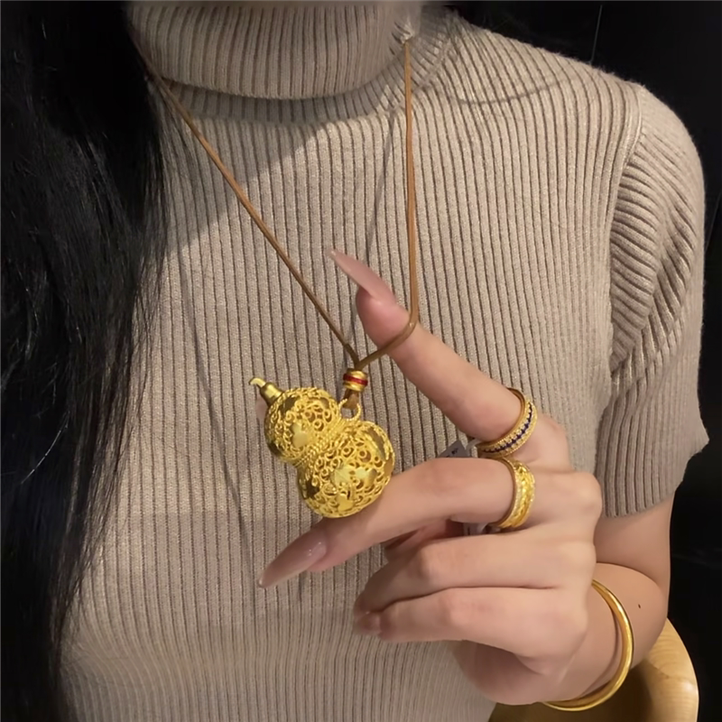 5G硬金工艺花丝镂空爬藤葫芦毛衣链女仿黄金色福禄胖墩墩葫芦项链