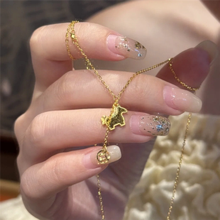 中式国风碎冰冰马上有钱项链女套链999黄金色爆闪铜钱小马锁骨链