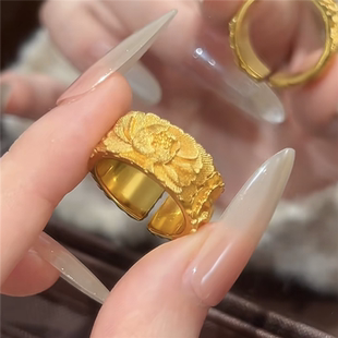 古法工艺錾刻牡丹花开口戒指女仿真黄金色轻奢贵气感宽版食指戒子