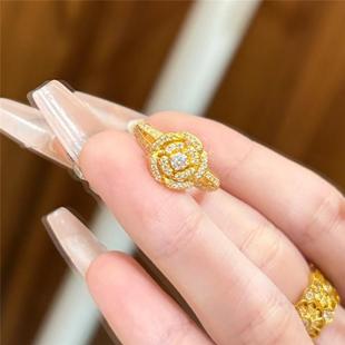 超闪玫瑰花镶钻戒指古法沙金高保色浪漫复古点钻花朵指环开口食戒