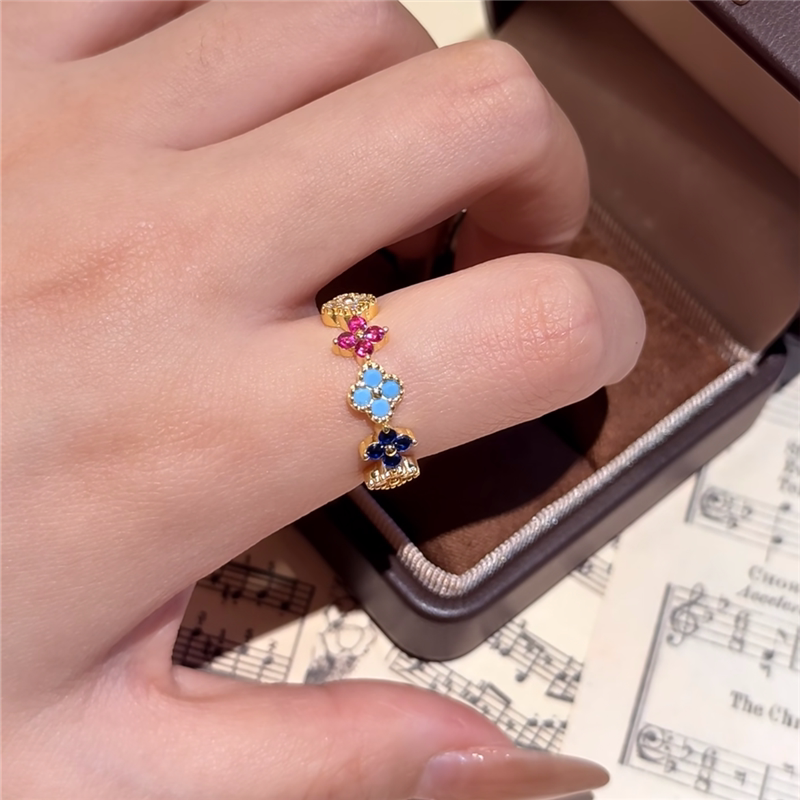 复古彩宝莫奈花园四叶草戒指女999黄金色花朵多巴胺闪钻开口戒子